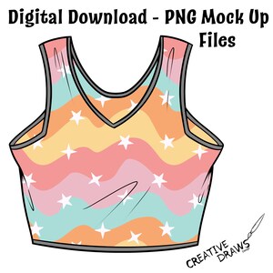 May include: A digital download of a sleeveless crop top with a rainbow and white star pattern. The top has a V-neck and is outlined in black. The text "Digital Download - PNG Mock Up Files" is at the top of the image.