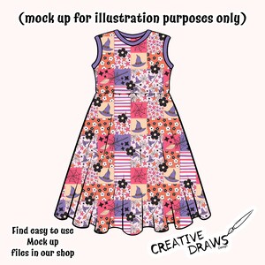 Puede incluir: Vestido sin mangas con un dise&ntilde;o de patchwork con sombreros de bruja, telara&ntilde;as y estrellas en tonos rosa, morado y naranja. El vestido tiene una falda acampanada y un cuello redondo. El texto en la parte superior dice "(mock up for illustration purposes only)".