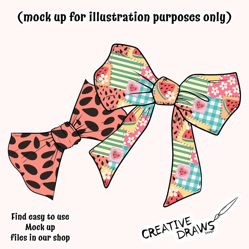 Pu&ograve; includere: Due fiocchi decorativi con motivi colorati. Un fiocco presenta uno sfondo corallo con pois neri. L'altro fiocco ha un design patchwork con fette di anguria, cuori e accenti floreali. &Egrave; visibile anche il testo "Find easy to use Mock up files in our shop".