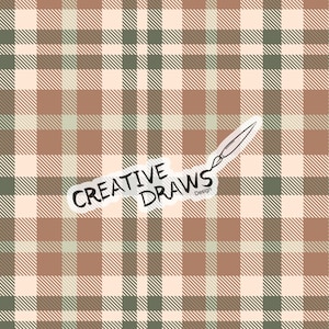 May include: A seamless pattern with a plaid design in shades of brown, green, and cream. The pattern is repeated throughout the image. The text "CREATIVE DRAWS Design" is written in a handwritten font on a white background.