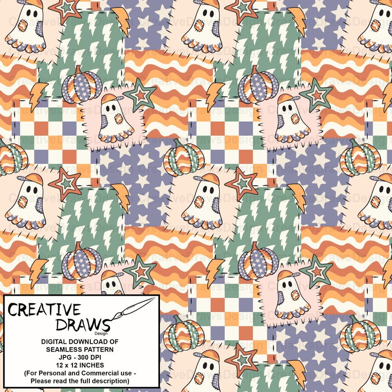 Ghost Pumpkin Patchwork Seamless Pattern, Halloween Repeat Digital Paper Bild 9