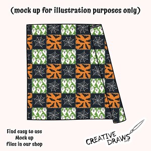 May include: A folded Halloween fabric with a patchwork design. The pattern features squares with ghosts, bats, and spiderwebs in orange, white, green, and black. The text "Find easy to use Mock up files in our shop" is visible.