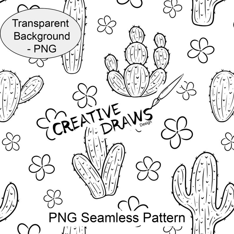 Cactus Floral Seamless Pattern Line Art With Transparent Background ...