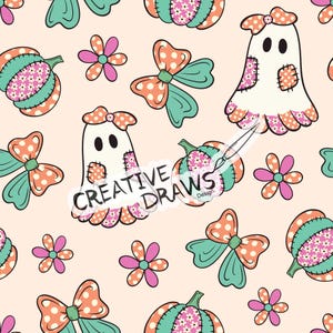 Ghost Pumpkin Polka Seamless Pattern, Halloween Repeat Digital Paper