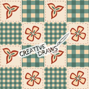 May include: A repeating pattern featuring floral and plaid designs in a patchwork style. The design includes red and cream-colored flowers and green plaid squares. The text "CREATIVE DRAWS Design" is overlaid on the pattern.