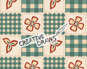 Floral Green Gingham Seamless Pattern, Fall Seamless File Digital Download