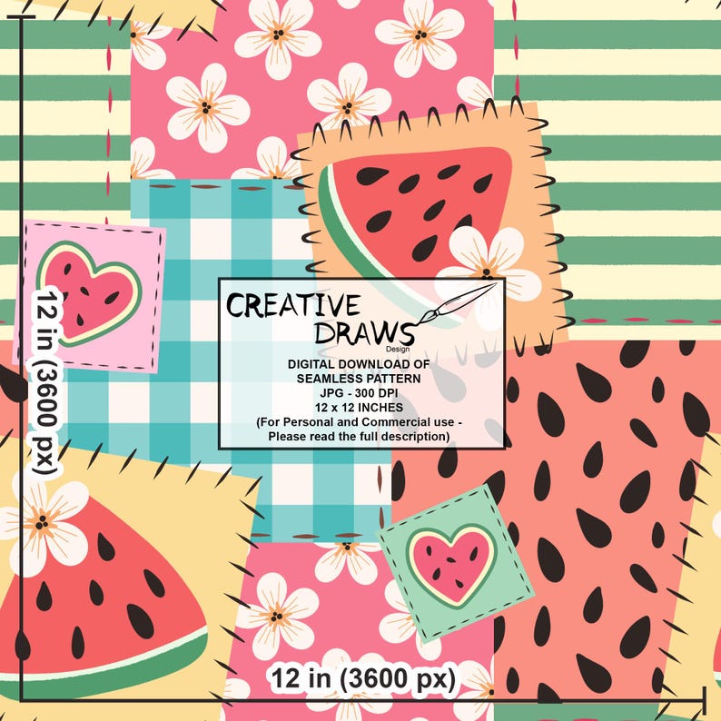 Pu&ograve; includere: Un design digitale senza cuciture con fette di anguria, grafiche di anguria a forma di cuore e fiori bianchi su uno sfondo patchwork. Il design include rosa, verde e giallo. Il motivo misura 30,48 x 30,48 cm.