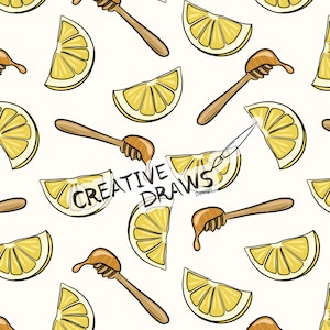 May include: A seamless pattern featuring yellow lemon slices and honey dippers on a white background. The dippers are wooden with a gold honey dripping from the end.