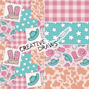 May include: A patchwork design featuring cowboy boots, hats, horseshoes, and stars in pink, turquoise, and tan. The design includes gingham and cowhide patterns, with the text "CREATIVE DRAWS Design" overlaid.