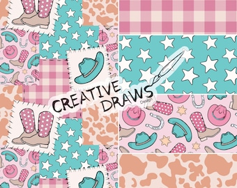Pink Western Patchwork Seamless Pattern Pack, Cowgirl Repeat Digital Paper