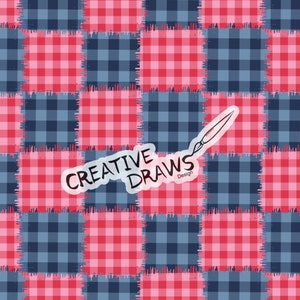 May include: A seamless pattern of alternating red and blue gingham squares with frayed edges. The pattern is repeated throughout the image. The text "CREATIVE DRAWS Design" is written in a white oval with a paintbrush illustration.
