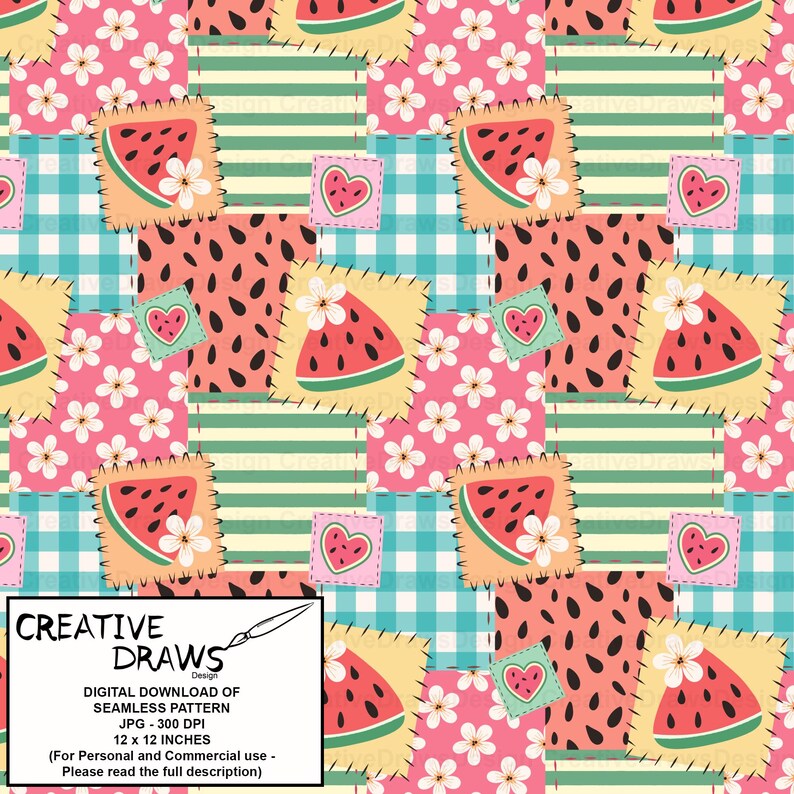 Pu&ograve; includere: Un motivo digitale senza cuciture con un design patchwork. Presenta fette di anguria, toppe a forma di cuore e accenti floreali. Lo sfondo include motivi a quadretti, a righe e floreali in rosa, verde acqua e giallo. Il testo "CREATIVE DRAWS Design" &egrave; incluso.