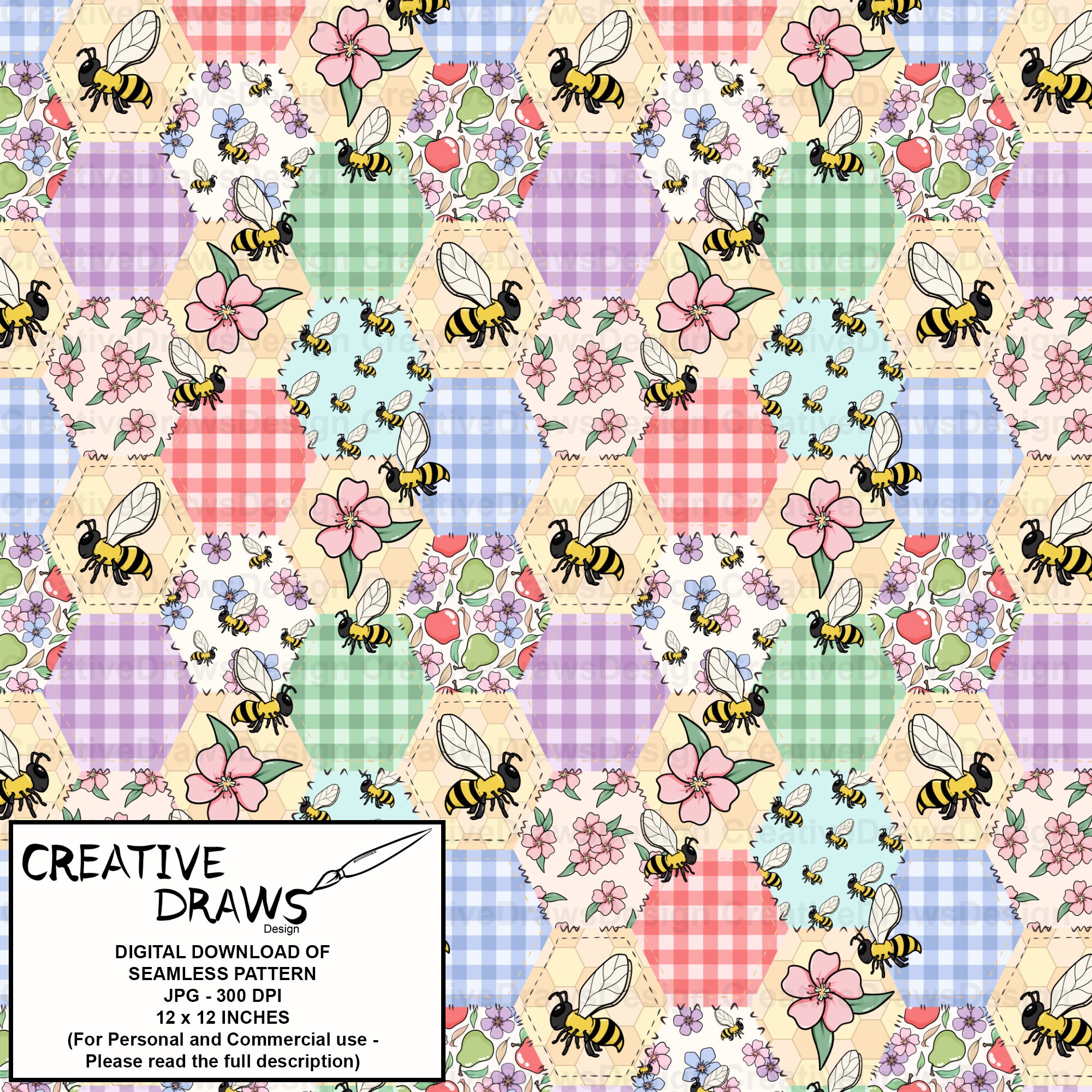 Patchword Bee Pattern Bee Hive Patchwork Seamless Pattern, Seamless File Digital Download - Etsy
