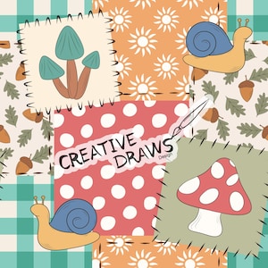Op de afbeelding: Een patchwork-ontwerp met illustraties van paddenstoelen, slakken en eikels. Het ontwerp bevat de tekst "CREATIVE DRAWS" op een rode stippenachtergrond. De achtergrond heeft een mix van patronen en kleuren.