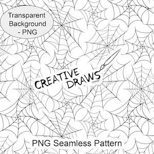May include: A seamless digital pattern featuring black spider web illustrations on a white background. The image includes the text Transparent Background - PNG, CREATIVE DRAWS Design, and PNG Seamless Pattern overlaid on the web design.