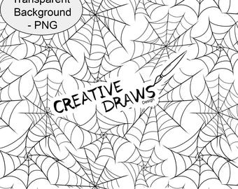 Puede incluir: Un patrón digital sin costuras con ilustraciones de telarañas negras sobre un fondo blanco. La imagen incluye el texto Transparent Background - PNG, CREATIVE DRAWS Design y PNG Seamless Pattern superpuesto al diseño.
