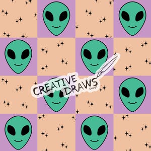 Alien Stars Checkered Seamless Pattern, Digital Repeat Pattern for Personal and Commercial use