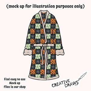 May include: A Halloween dressing gown with a patchwork design featuring ghosts, bats, and spiderwebs on a black background. The robe has a cream-coloured trim and a matching belt. The text "Find easy to use Mock up files in our shop" is visible.