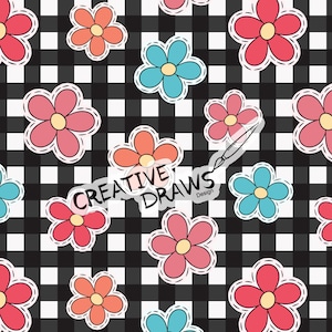 以下が含まれることがあります： 黒と白の市松模様の背景に、ピンク、ブルー、オレンジの花が白い中心でシームレスにパターン化されています。花はステッチされた輪郭を持ち、繰り返しのパターンで配置されています。
