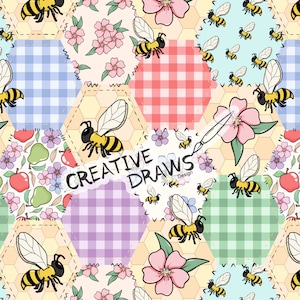 May include: A seamless pattern featuring bees, flowers, and patchwork fabric in a variety of colors and patterns. The design includes pink, blue, green, yellow, and white colors. The text "CREATIVE DRAWS Design" is visible in the center of the image.