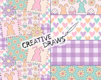 Bunny Floral Patchwork Seamless Pattern Set, Easter Digital Paper Pack