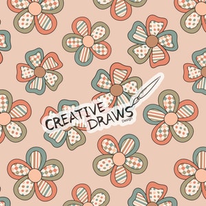 May include: A seamless pattern featuring a repeating design of stylised flowers with brown, green, and orange accents on a light pink background. The text "CREATIVE DRAWS Design" is visible in the centre of the image.