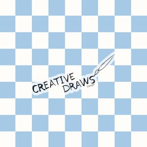 May include: A logo design featuring the text "CREATIVE DRAWS" in black, with a paintbrush illustration. The design is set against a checkered background of light blue and white squares, creating a clean and artistic aesthetic.