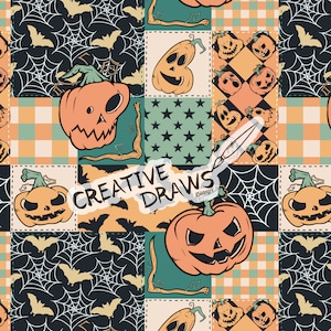 Może przedstawiać: Wzór patchworkowy z motywami Halloween. Wzór zawiera dynie, nietoperze, pajęczyny i gwiazdy. Paleta kolorów składa się z pomarańczowego, zielonego, czarnego i beżowego. Tekst "CREATIVE DRAWS Design" jest nałożony.