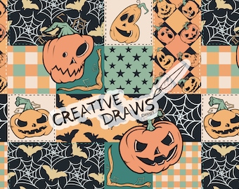 Modèle sans couture Halloween patchwork, Jack O Lantern fichier sans couture téléchargement numérique