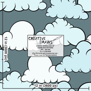 Op de afbeelding: Naadloos patroon met cartoonwolken in wit en lichtblauw op een grijze achtergrond. Het ontwerp is een digitale download, 30,48 x 30,48 cm. De afbeelding bevat de tekst "CREATIVE DRAWS Design".