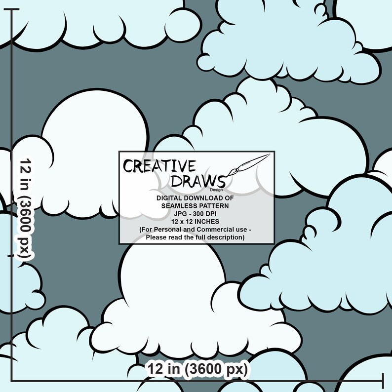 Op de afbeelding: Naadloos patroon met cartoonwolken in wit en lichtblauw op een grijze achtergrond. Het ontwerp is een digitale download, 30,48 x 30,48 cm. De afbeelding bevat de tekst "CREATIVE DRAWS Design".