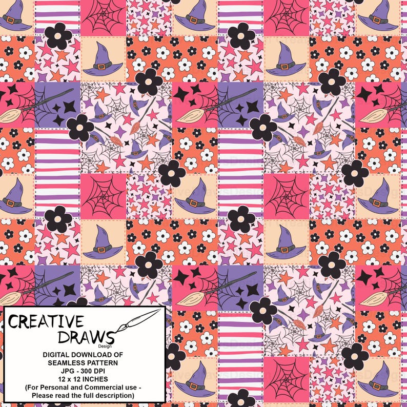 Peut inclure: Un motif patchwork avec des &eacute;l&eacute;ments d'Halloween. Le design comprend des chapeaux de sorci&egrave;re, des toiles d'araign&eacute;es, des fleurs et des &eacute;toiles dans une palette de rose, orange, violet et noir. Le texte "CREATIVE DRAWS design DIGITAL DOWNLOAD OF SEAMLESS PATTERN JPG - 300 DPI 12 x 12 INCHES" est &eacute;galement pr&eacute;sent.