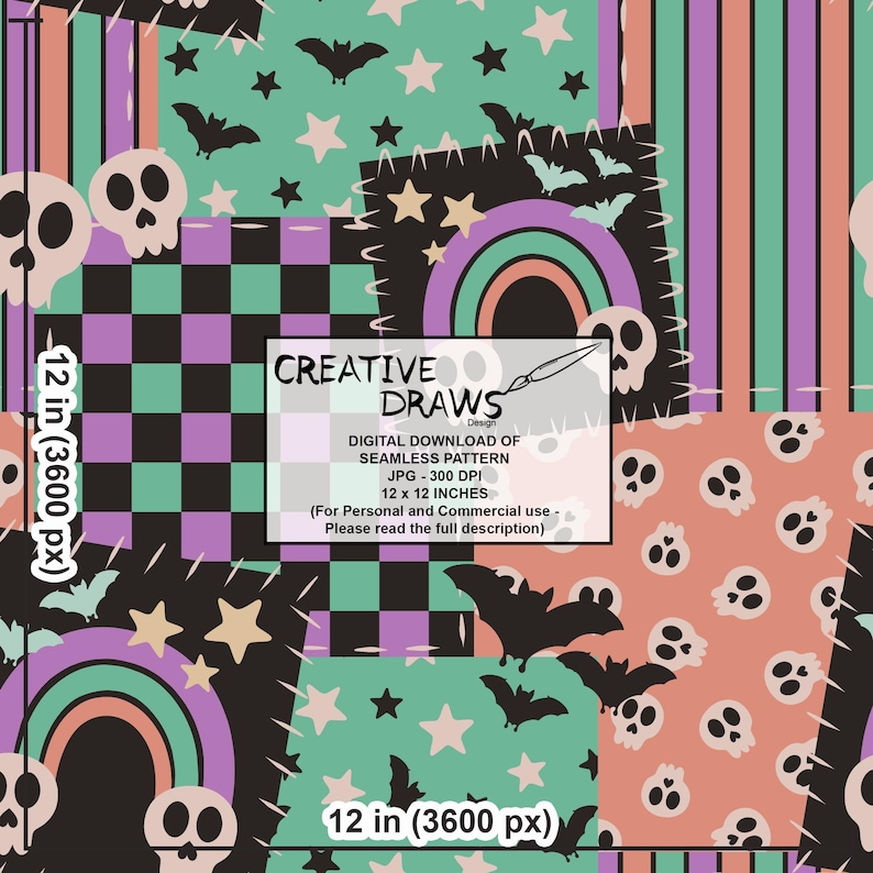 Op de afbeelding: Een digitaal naadloos patroon met een patchwork-ontwerp. Het ontwerp bevat Halloween-thema-elementen zoals schedels, vleermuizen, sterren en regenbogen, evenals dambordpatronen. De tekst "CREATIVE DRAWS" is zichtbaar.