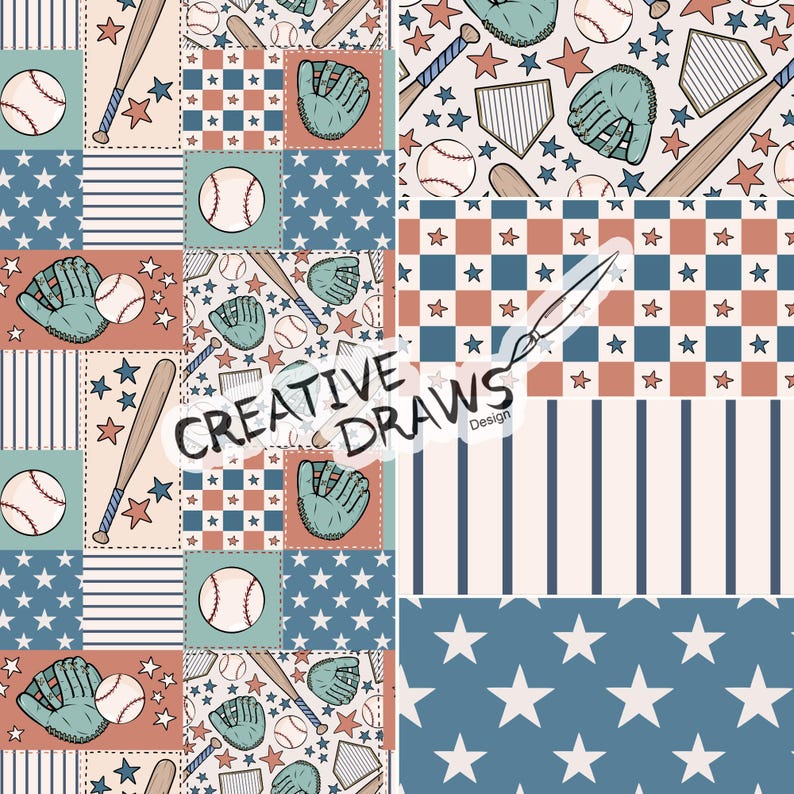 Puede incluir: Un dise&ntilde;o de patchwork con pelotas de b&eacute;isbol, bates, guantes y estrellas en rojo, blanco y azul. El dise&ntilde;o incluye rayas y patrones de cuadros, con el texto "CREATIVE DRAWS Design".