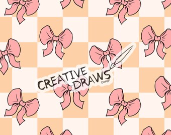 Pink Bow Checker Seamless Pattern, Seamless File Digital Download