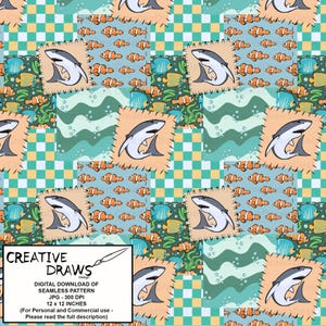 May include: Seamless pattern design featuring cartoon sharks, clownfish, and other sea creatures. The design includes squares with a shark illustration, fish, and wavy lines. The pattern is 30.48 x 30.48 cm.