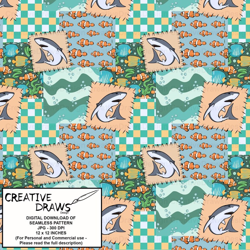 May include: Seamless pattern design featuring cartoon sharks, clownfish, and other sea creatures. The design includes squares with a shark illustration, fish, and wavy lines. The pattern is 30.48 x 30.48 cm.