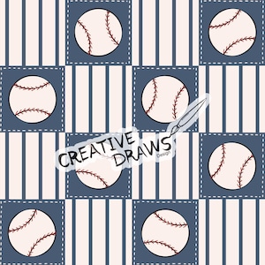 May include: A seamless pattern featuring baseballs in a white and blue striped background. The baseballs are white with red stitching and are placed in blue squares with a stitched border. The text "CREATIVE DRAWS Design" is written in white on a white cloud shape.