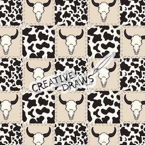 May include: A seamless pattern featuring a patchwork design of cowhide print and bull skulls. The pattern is in black, white, and brown colors.