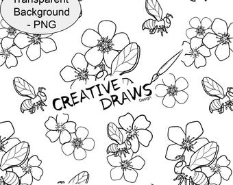 Bee Blossom Seamless Pattern Line Art with Transparent Background, Digital Repeat Pattern for Personal and Commercial use