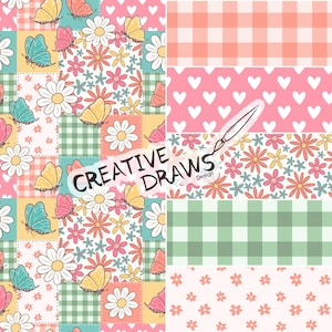 May include: A patchwork design with butterflies, daisies, and gingham patterns in pastel shades. The design includes the text "CREATIVE DRAWS Design". The patterns are in pink, yellow, blue, and green.