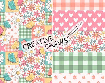 Spring Butterfly Patchwork Seamless Pattern Pack, Floral Digital Repeat Paper