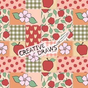 May include: A seamless pattern featuring a patchwork design with various motifs, including red apples, pink flowers, and checkered and polka dot patterns. The text "CREATIVE DRAWS Design" is included in the pattern.