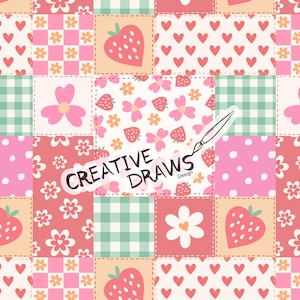 May include: A patchwork design featuring squares with various patterns. These include strawberries, hearts, flowers, and gingham in shades of pink, red, green, and cream. The text "CREATIVE DRAWS" is displayed across the center.