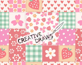 Carta digitale con motivo patchwork a cuore di fragola senza soluzione di continuità, ripetizione floreale