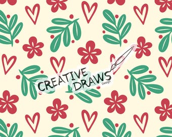 Christmas Floral Seamless Pattern, Heart Repeat Digital Paper