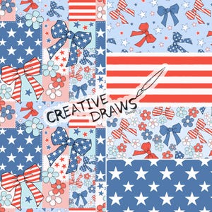 May include: A patriotic design featuring a patchwork of patterns in red, white, and blue. The design includes stars, stripes, bows, and floral elements. The text "CREATIVE DRAWS Design" is also present.