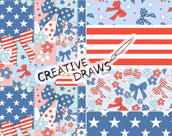 Fourth of July Patchwork Seamless Pattern Pack, Floral Bow Repeat Digital Paper