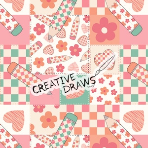 May include: A seamless pattern featuring a patchwork design with checkered, floral, and heart patterns. The pattern includes pencils with checkered patterns and the text "CREATIVE DRAWS Design".