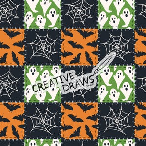 Könnte beinhalten: Ein Patchwork-Muster mit Halloween-Motiven. Die Quadrate zeigen weiße Geister auf Grün, schwarze Spinnennetze und orangefarbene Quadrate mit schwarzen Fledermäusen. Der Text "CREATIVE DRAWS Design" ist überlagert.